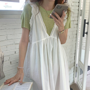 韩国chic夏季小清新圆领修身针织衫+蕾丝花边前后无袖连衣裙长裙