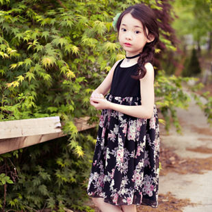 女童白色黑色夏韩版公主，裙碎花儿童拼接花色吊带连衣裙