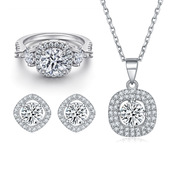 s925纯银锆石耳钉正方形，项链欧美戒指女小众高级感首饰套装三件套