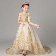 结婚花童礼服女童钢琴演奏演出服，小女孩一字肩主持高端舞台公主裙