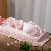 手工捏花粉色功夫茶具套装家用客厅陶瓷现代简约茶壶盖碗茶杯整套