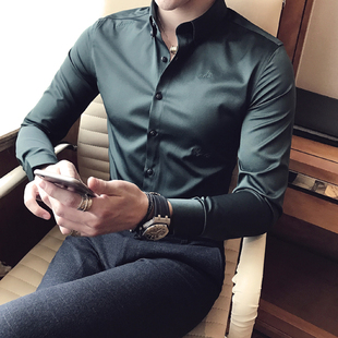 墨绿色衬衫男长袖潮流韩版商务正装刺绣衬衣修身帅气免烫垂滑寸衣
