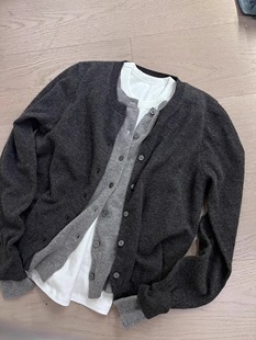 灰色假两件针织开衫毛衣外套，女春季圆领修身百搭设计感拼接上衣女