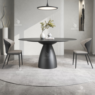 意式极简岩板餐桌圆桌，家用哑光圆形黑色高级感圆餐桌，内嵌旋转转盘