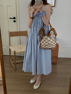 chan custom吊带连衣裙女法式甜美温柔蓝色花边设计感小众长裙子