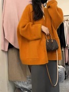 2023春季韩版v领橘色毛衣外套，女秋冬慵懒风针织开衫外搭加厚