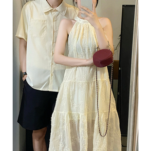 情侣装夏装2023不一样中式旗袍，一裙一衣短袖衬衫，气质连衣长裙