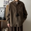 B东日系男装复古纯色拼接口袋中性衬衣麂皮绒质感长袖中古衬衫
