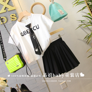 品牌童装女孩夏季韩版女童潮范领带短袖，t恤百褶短裙两件套装