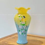 黄蓝渐变色羽毛芬顿手绘花鸟纯手工玻璃花瓶水养花器家居装饰摆件