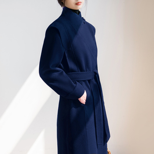 藏蓝色立领新中式盘扣双面羊绒大衣女设计感小众，气质显瘦毛呢外套