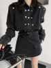 黑色重工纽扣可拆卸牛仔外套女2023秋冬设计感高腰裙裤两件套