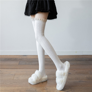 白色过膝袜日系蕾丝长筒袜子女，秋冬加厚半截大腿套jk花边堆堆袜套