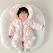 婴儿衣服女宝宝冬装连体夹棉服厚外出抱衣外套3个月1岁0冬季6超萌