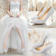 水晶鞋婚鞋女2023银色高跟鞋细跟婚纱鞋红色新娘，鞋白色伴娘鞋