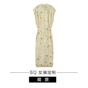 SQ 淡黄新中式短袖连衣裙女旗袍改良款包臀长裙