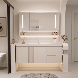 岩板热弯一体盆浴室柜组合洗手盆，柜卫生间洗漱台实木智能镜卫浴柜