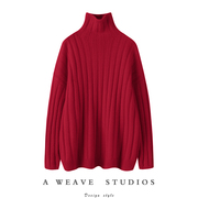 男女红色粗坑条重磅山羊绒粗棒针织加厚短高领毛衣衫