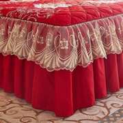 欧式水晶绒夹棉加厚蕾丝床裙单件保暖防滑大红床罩高端床套被套