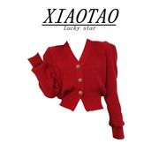 XIAOTAO 法式学院风红色毛衣开衫女秋冬收腰显瘦短款温柔针织上衣
