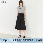 LILY2024夏女装复古条纹设计感宽肩时尚拼接假两件高腰连衣裙
