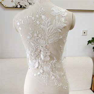 复古米白色树叶花朵，蕾丝花边面布料，手工装饰婚纱礼服裙子