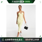 香港直邮潮奢 ASOS 女士设计罗纹中长挂脖绑带细节柠檬黄连衣裙