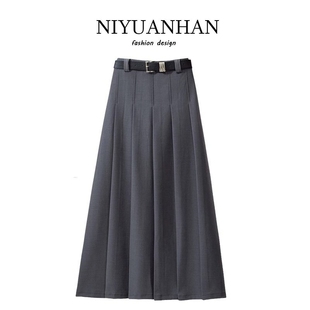 niyuanhan灰色西装中长款半身裙，夏百褶裙小众，设计感显瘦a字裙长裙