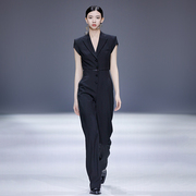 maggiema马婧设计师女装修身可拆卸黑色高腰，显瘦短袖连体裤