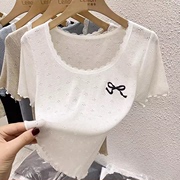 白色蕾丝花边短袖T恤女夏季修身设计感小众冰丝针织别致chic上衣
