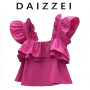 daizzei~压褶荷叶边无袖，衬衫上衣方领锁骨，小众气质短款套头衬衣潮