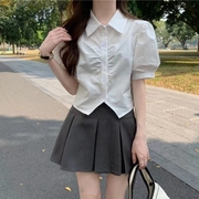 白色衬衫女夏季学院风，泡泡短袖衬衣褶皱不规则，短款上衣女