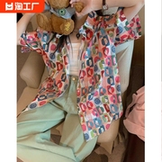 韩版度假风短袖花衬衫女夏季小众设计感个性开衫休闲上衣条纹