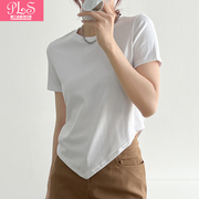 设计感纯白t恤女装夏季圆领修身短袖，纯色显瘦不规则下摆上衣