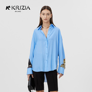 K KRIZIA 2022秋季蓝色动物印花设计感桑蚕丝衬衫长袖上衣女