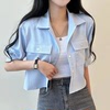 韩国chic夏季减龄短袖衬衣女小个子设计感别致上衣宽松短款外套女