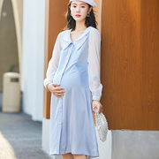 2024年孕妇春季连衣裙双翻领长袖雪纺纯色中长款高贵韩版裙子