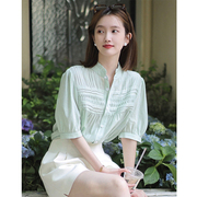 法式立领薄荷绿色天丝短袖衬衫女夏设计感小众衬衣泡泡袖雪纺上衣