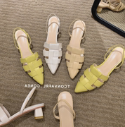 女凉鞋子2023夏季大码低粗跟真羊皮包头后空，奶茶杏黄白色时尚