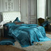 高奢贵族蓝重磅38姆米真丝四件套豪华别墅100%桑蚕丝床单床上用品