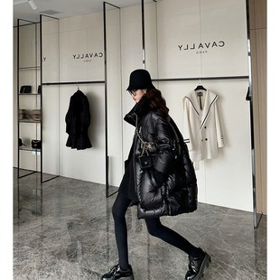 2023冬季黑色95白鹅绒欧美时尚保暖宽松版中长款羽绒服外套女