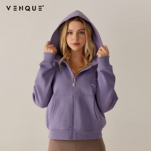 venqueamoo紫色，运动修身卫衣连帽上衣简约拉链，开衫外套短款