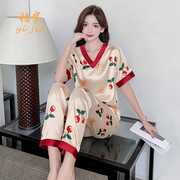 睡衣女夏季冰丝甜美可爱韩版薄款短袖，两件套装真丝性感家居服春秋