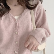 奶fufu的粉色~爱心，纽扣短款针织毛衣韩国复古v领少女开衫外套