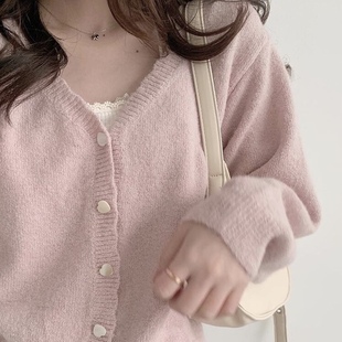 奶fufu的粉色~爱心，纽扣短款针织毛衣，韩国复古v领少女开衫外套