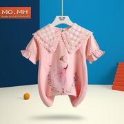 女童夏季粉色印花短袖，小女孩甜美蕾丝娃娃领t恤2023纯棉短袖