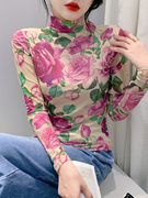 韩版秋冬高领打底衫女网纱内搭长袖上衣时髦花朵小衫蕾丝T恤