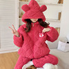 睡衣女冬季三层夹棉加绒加厚卡通草莓熊珊瑚绒连帽超厚家居服套装