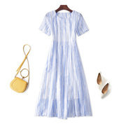 夏季蓝色条纹裙子流行欧美女装ol清新蓝白印花气质宽松连衣裙短袖