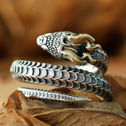 高档纯银蛇戒指像龙带角的蛇指环活口多圈指环，可调节复古民族风格